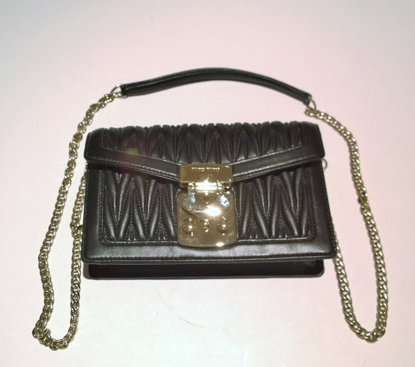 Miu Miu Confidential Black Leather Matelassé Gold Tone Chain Bag Small