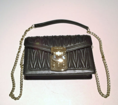 Miu Miu Confidential Black Leather Matelassé Gold Tone Chain Bag Small
