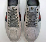 Gucci Bambi GG Silver Glitter Sneakers with Silver Studs, Grosgrain and Tiger Detail