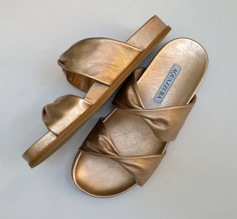 Aquazzura Twist Rose Gold Leather Flat Sandals Slides