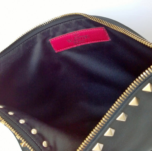 Valentino Garavani Rockstud Clutch Bag in Black Leather Gold Studs Evening Handbag