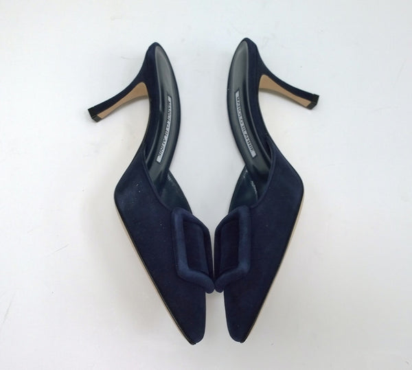 Manolo Blahnik Maysale Navy Suede Buckle Heels 70 Mules