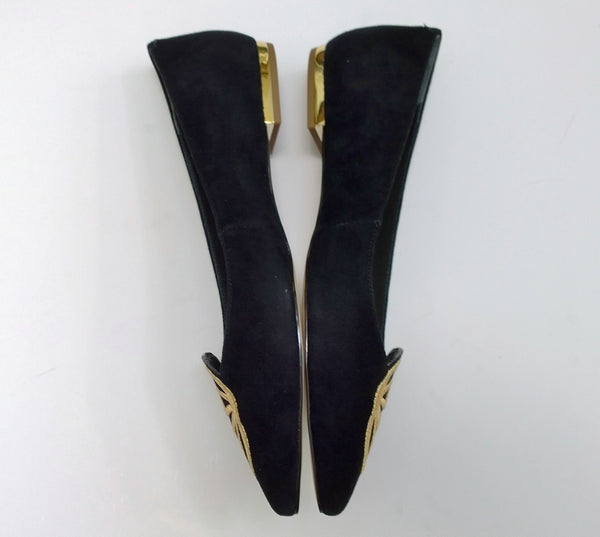 Sophia Webster Bibi Butterfly Black Suede with Yellow Gold Embroidery Pointy Flats Shoes
