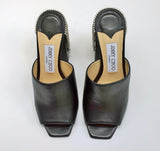 Jimmy Choo Baia Black Leather Rhinestone Tassel Sandals Heels Mules