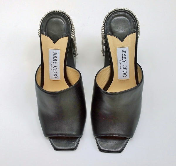 Jimmy Choo Baia Black Leather Rhinestone Tassel Sandals Heels Mules