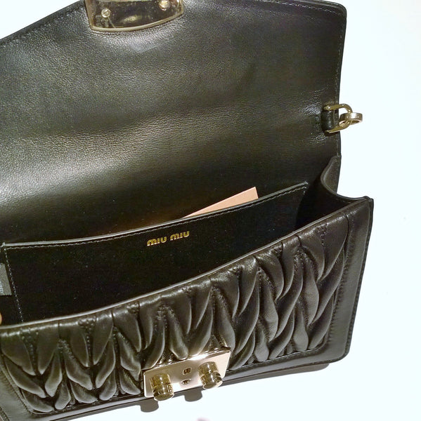 Miu Miu Confidential Black Leather Matelassé Gold Tone Chain Bag Small
