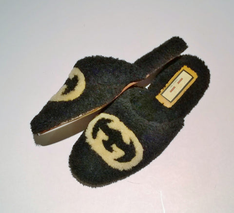 Gucci Eileen Interlocking G Shearling Slides in Black Flats GG