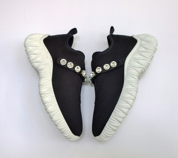 Miu Miu Matelasse Black Stretch Fabric Sneakers with Rhinestone Detail