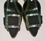 Manolo Blahnik Maysale Black Crepe de Chine Mops Mother of Pearl Buckle Mules Heels