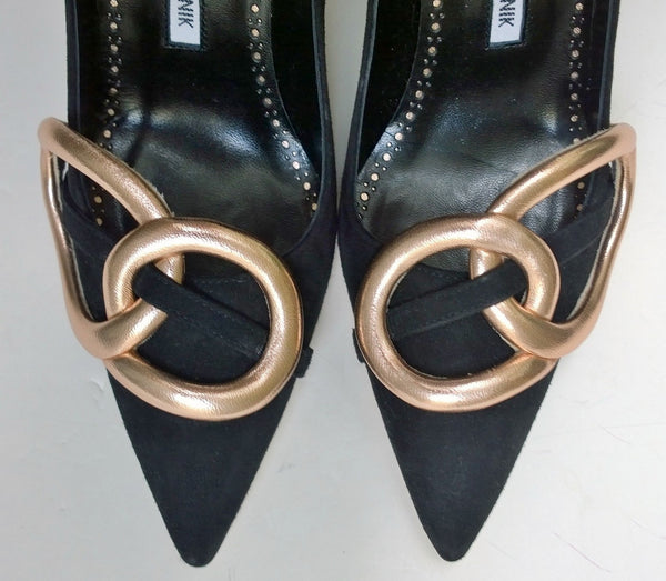Manolo Blahnik Susidad 105 Black Suede with Rose Gold Leather