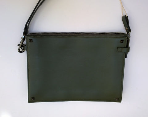 Valentino Garavani Men's Rockstud Clutch Bag in Army Green with Wrist Strap Pouch New