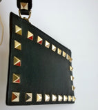 Valentino Garavani Rockstud Zipper Card Case in Black Smooth Leather with Gold Studs