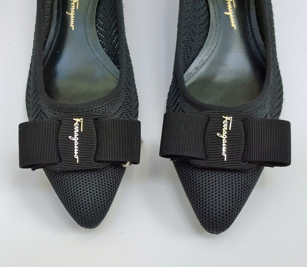 Ferragamo Viva Knit Black Bow Flats Shoes C Width