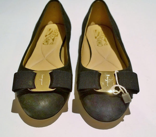 Ferragamo Black Suede Varina Bow Flats US 4.5C