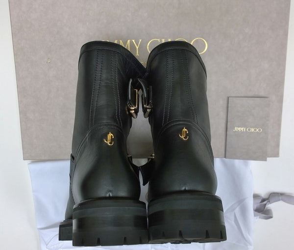 Jimmy Choo Youth Black Leather Biker Ankle Boots with Lug Rubber Sole