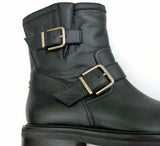 Jimmy Choo Youth Black Leather Biker Ankle Boots with Lug Rubber Sole