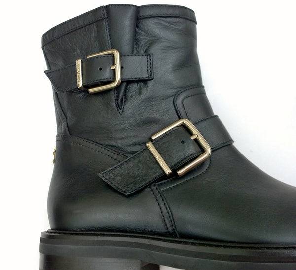 Jimmy Choo Youth Black Leather Biker Ankle Boots with Lug Rubber Sole