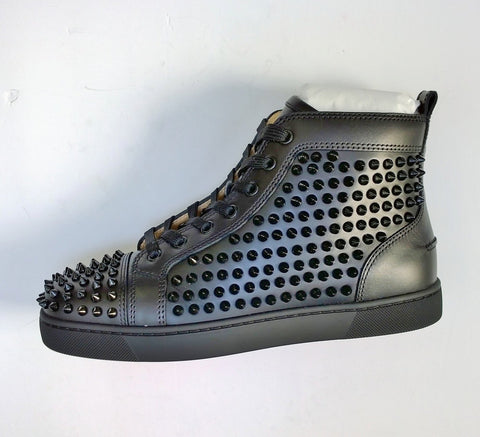 Christian Louboutin Louis Orlato Flat High Top Black Leather Sneakers with Spikes