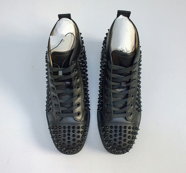 Christian Louboutin Louis Orlato Flat High Top Black Leather Sneakers with Spikes