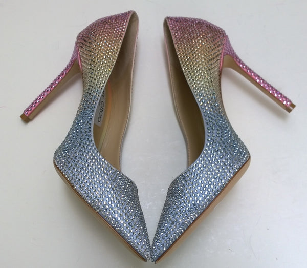Jimmy Choo Romy 100 Rhinestone Rainbow Heels in Sky Mix