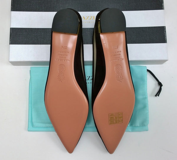 Aquazzura Amal Black Suede and Mesh Cutout Flats Pointy Shoes NIB