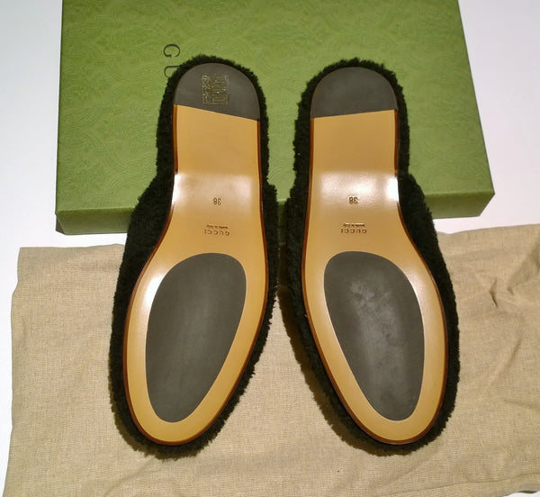 Gucci Eileen Interlocking G Shearling Slides in Black Flats GG