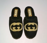 Gucci Eileen Interlocking G Shearling Slides in Black Flats GG