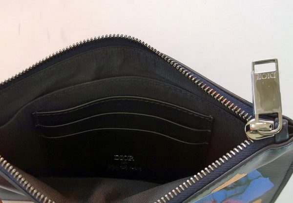 Christian Dior Navy Leather Flower Clutch Pouch Homme