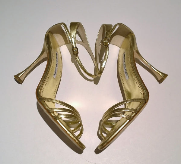Manolo Blahnik Caracol 105 Gold Nappa Leather Sandals Heels NIB