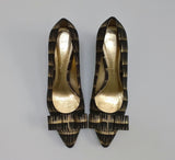 Ferragamo Viva Printed Suede 55 Heels with Bow in Black and Gold