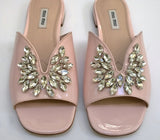 Miu Miu Pink Patent Sandals Leaf Crystals Flat Slides