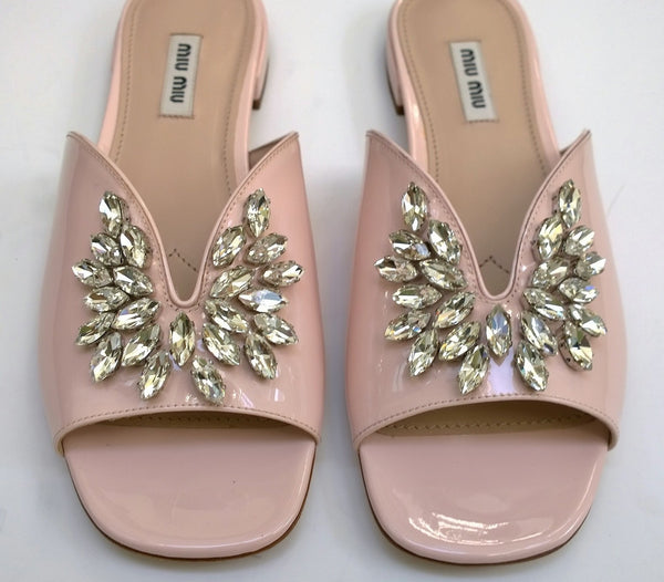 Miu Miu Pink Patent Sandals Leaf Crystals Flat Slides