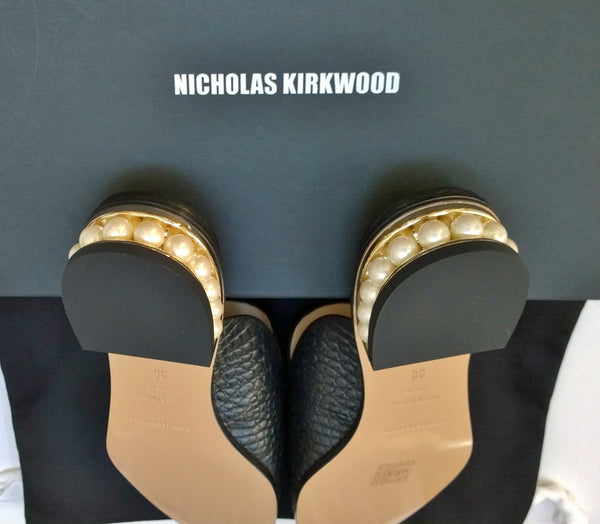 Nicholas Kirkwood Casati Pearl Loafers Black Croc Embossed Leather Moccasin Mule Flats