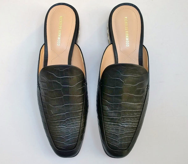 Nicholas Kirkwood Casati Pearl Loafers Black Croc Embossed Leather Moccasin Mule Flats