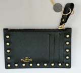 Valentino Garavani Rockstud Zipper Card Case in Black Smooth Leather with Gold Studs
