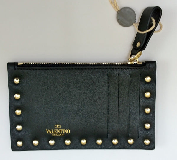 Valentino Garavani Rockstud Zipper Card Case in Black Smooth Leather with Gold Studs