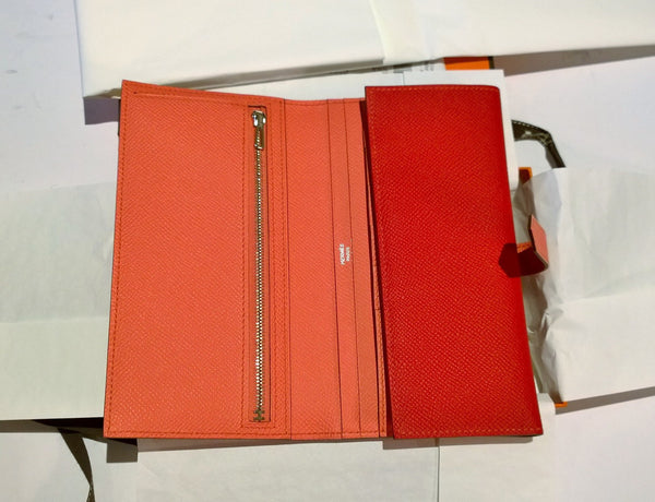 Hermès Bearn Verso Tri Fold Wallet Rouge Casaque Flamingo Portefeuille 2 Plis Bico Lore Veau Epsom New