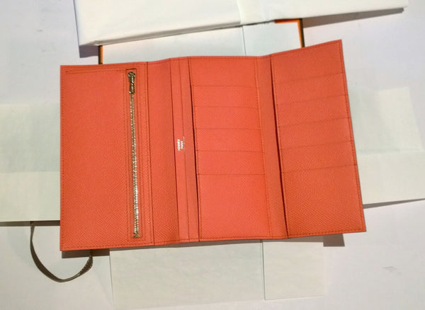 Hermès Bearn Verso Tri Fold Wallet Rouge Casaque Flamingo Portefeuille 2 Plis Bico Lore Veau Epsom New