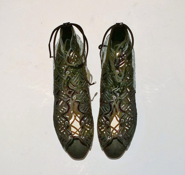 Nicholas Kirkwood Lace Up Suede Patent and Metallic Leather Heels New Discount Shoes