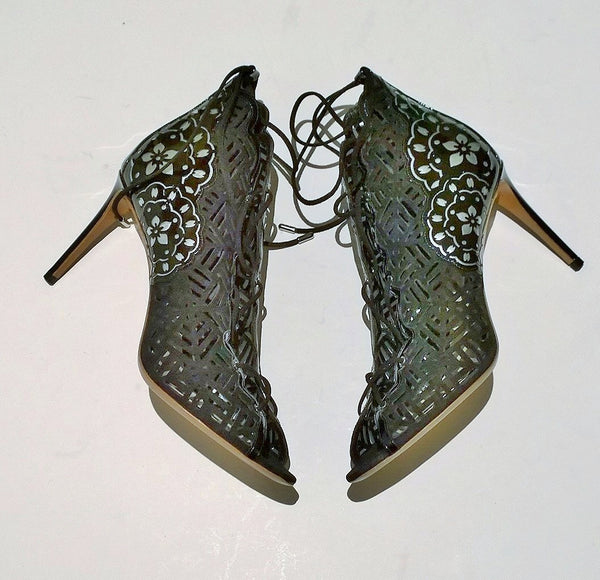 Nicholas Kirkwood Lace Up Suede Patent and Metallic Leather Heels New Discount Shoes