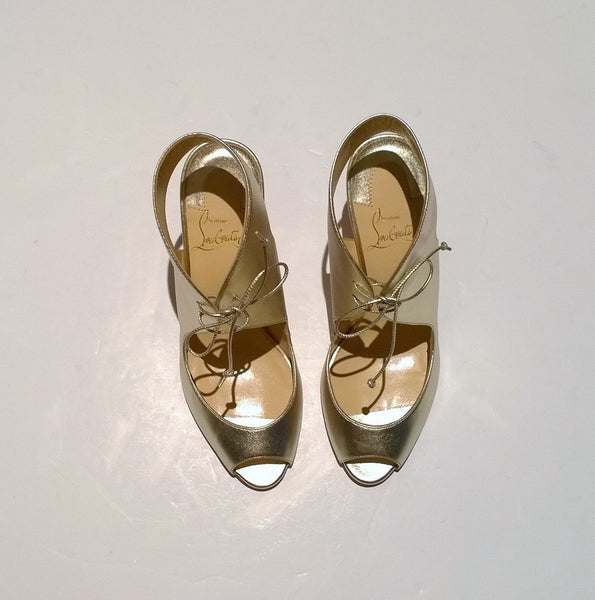 Christian Louboutin Top Nic 85 Gold Ankle Tie Heels Peep Toe Sandals
