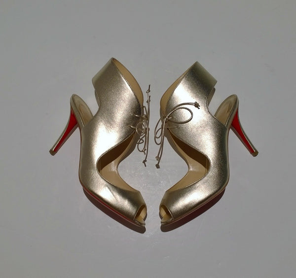 Christian Louboutin Top Nic 85 Gold Ankle Tie Heels Peep Toe Sandals