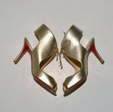 Christian Louboutin Top Nic 85 Gold Ankle Tie Heels Peep Toe Sandals