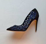 Rupert Sanderson Black Suede Heels with Blue Metallic Detail