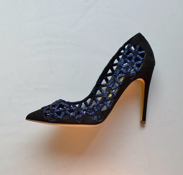 Rupert Sanderson Black Suede Heels with Blue Metallic Detail