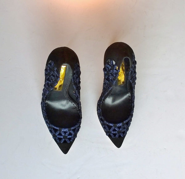 Rupert Sanderson Black Suede Heels with Blue Metallic Detail