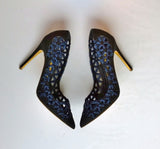 Rupert Sanderson Black Suede Heels with Blue Metallic Detail