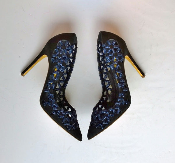 Rupert Sanderson Black Suede Heels with Blue Metallic Detail