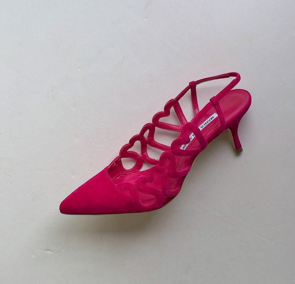 Manolo Blahnik Wonka Hearts Pink Suede Sandals Fuchsia sale heels