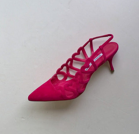 Manolo Blahnik Wonka Hearts Pink Suede Sandals Fuchsia sale heels